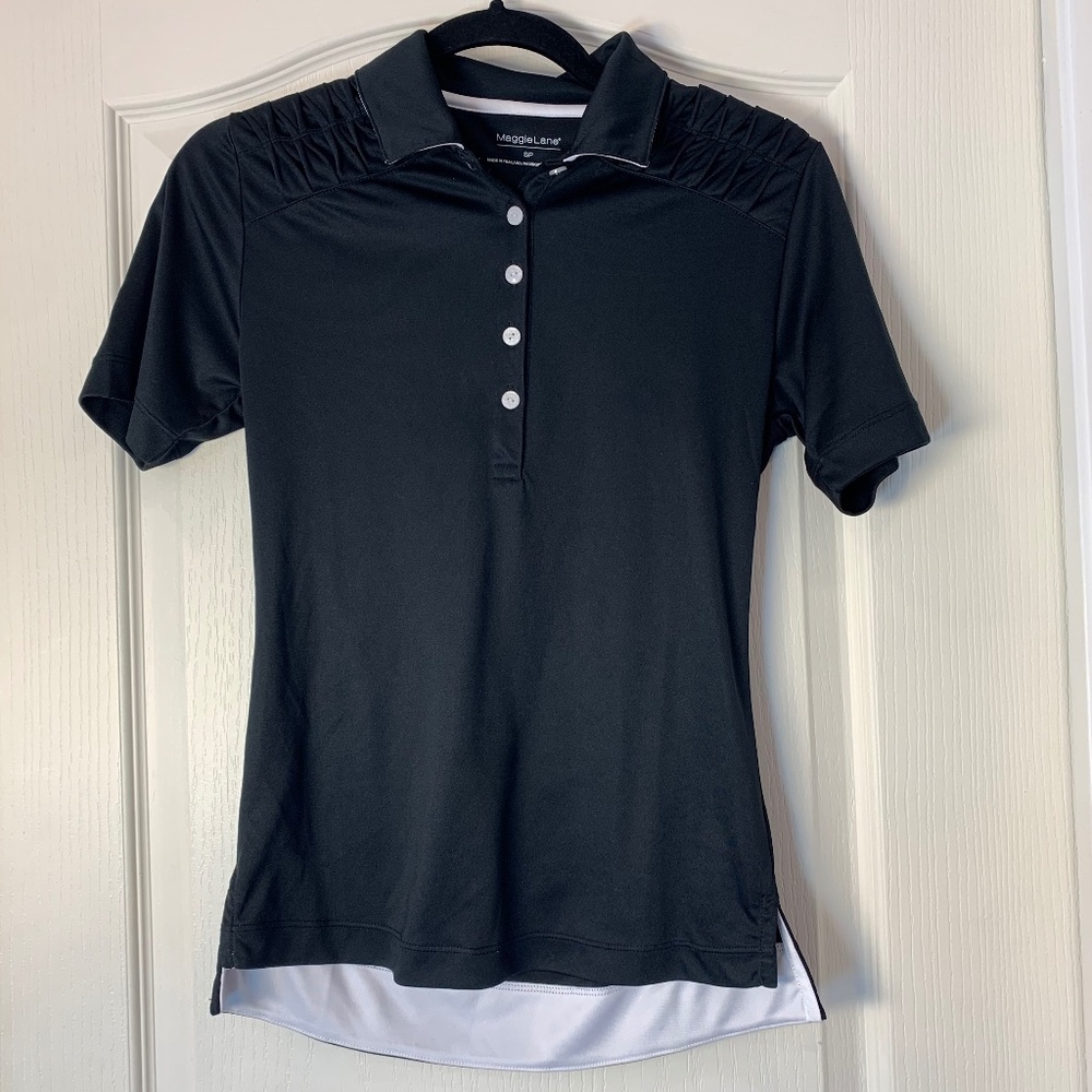 Maggie Lane Women’s Golf Polo Black & White Size S – Ruched Shoulder Sport Top